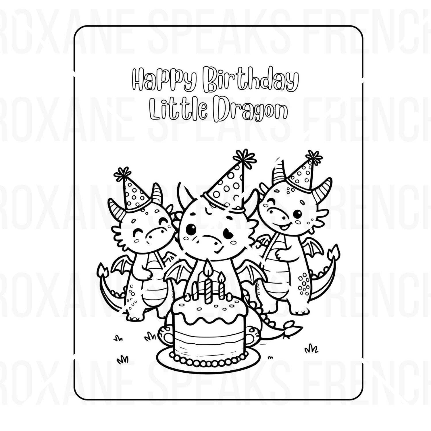 A festive coloring page with three little dragons wearing party hats around a birthday cake