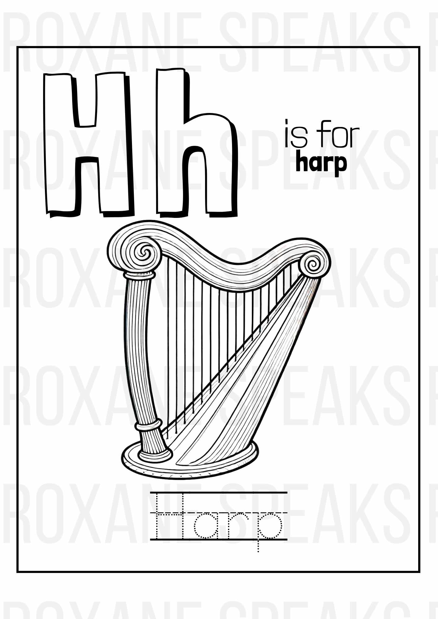 A coloring page featuring the letter "H" and a detailed illustration of a harp. The large, blocky letters "Hh" are at the top, with "is for harp" written next to them. Below the letters is a detailed, elegant drawing of a harp.