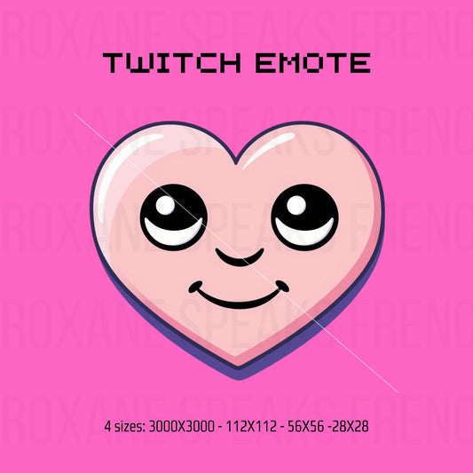 Heart emote featuring a pink heart with expressive eyes and a smile, designed for Twitch and Discord chats. Available in multiple sizes, perfect for streamers and online interactions.