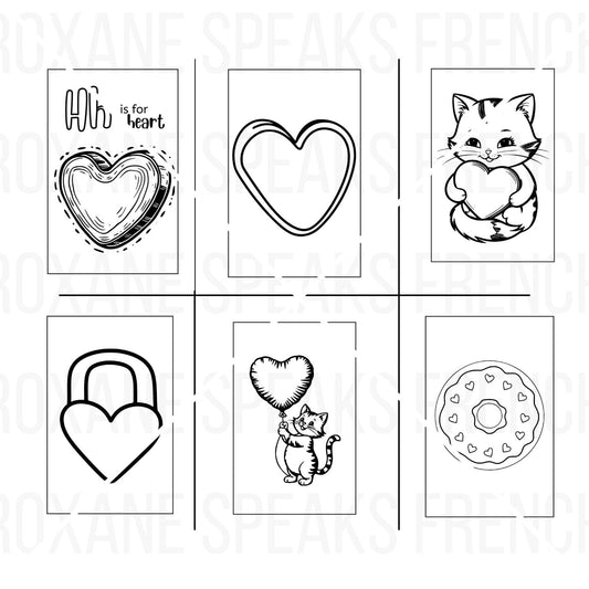 A set of six heart-themed coloring pages including: an educational page with 'Hh is for heart', a simple heart outline, a cat holding a heart, a padlock in the shape of a heart, a cat playing with heart-shaped balloons, and a donut decorated with heart sprinkles, designed for creative and educational Valentine's Day activities.