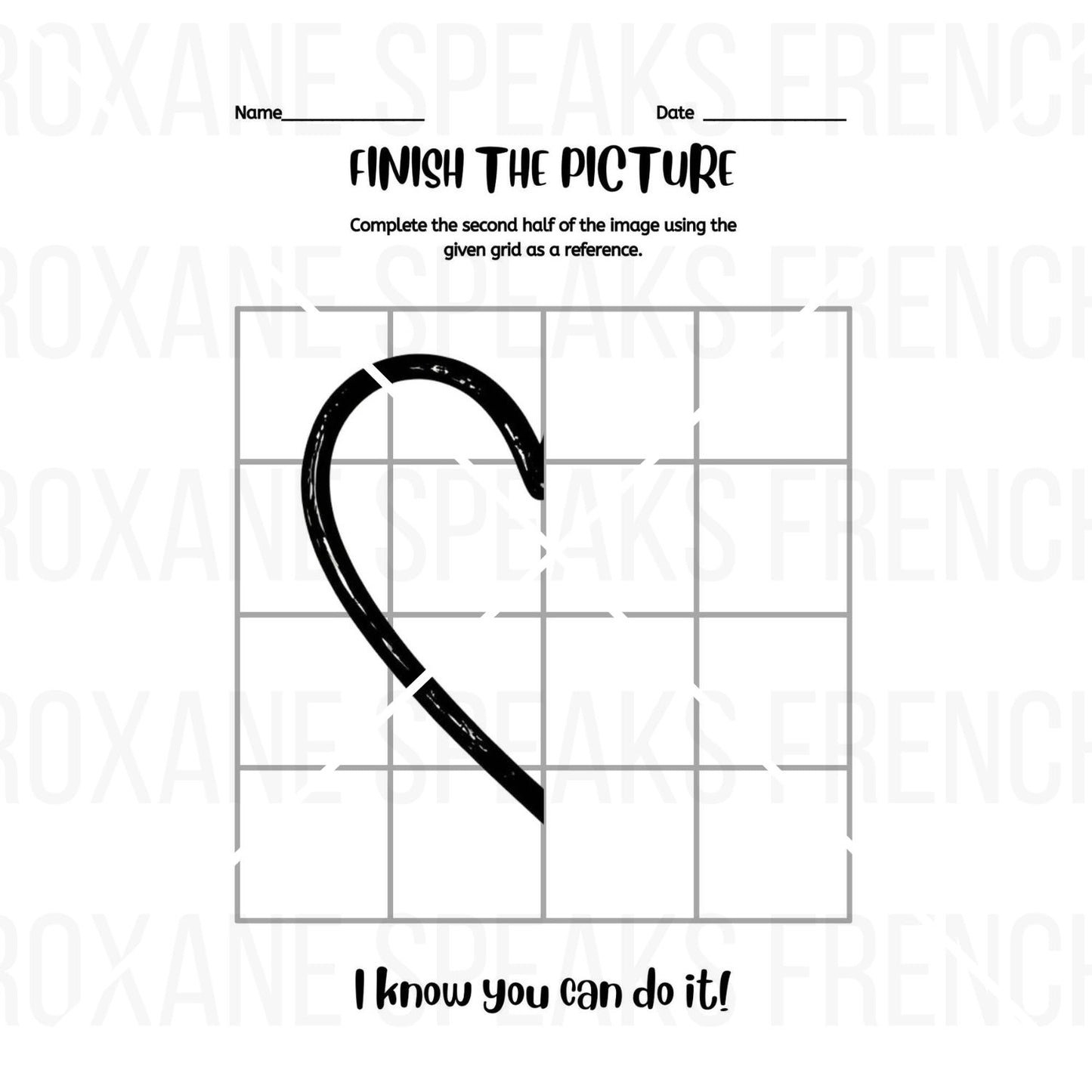 Printable worksheet titled 'Finish the Picture' featuring a half-completed heart outline on a grid. The left side of the heart is drawn in bold black, and the grid assists in completing the right side.