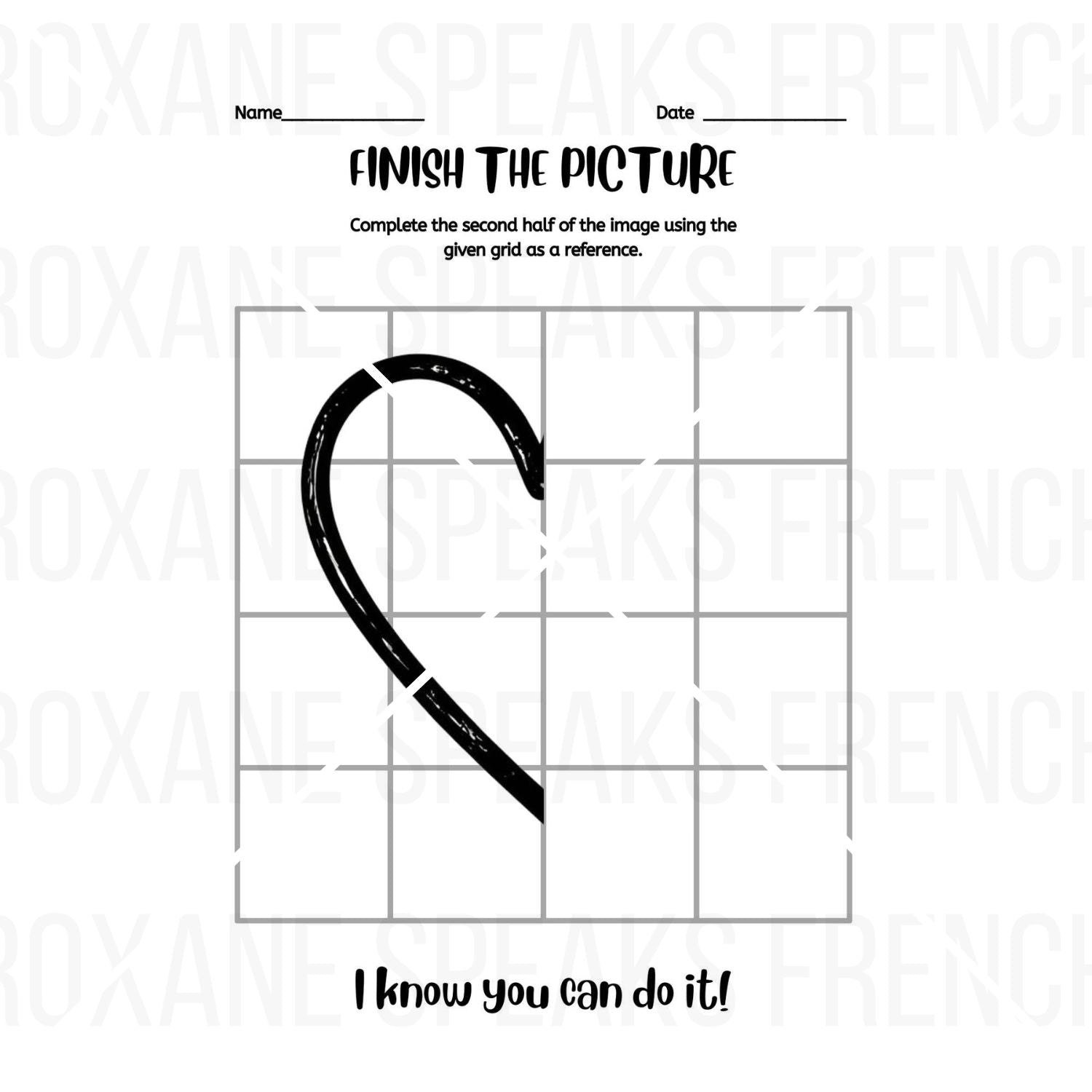 Printable worksheet titled 'Finish the Picture' featuring a half-completed heart outline on a grid. The left side of the heart is drawn in bold black, and the grid assists in completing the right side.