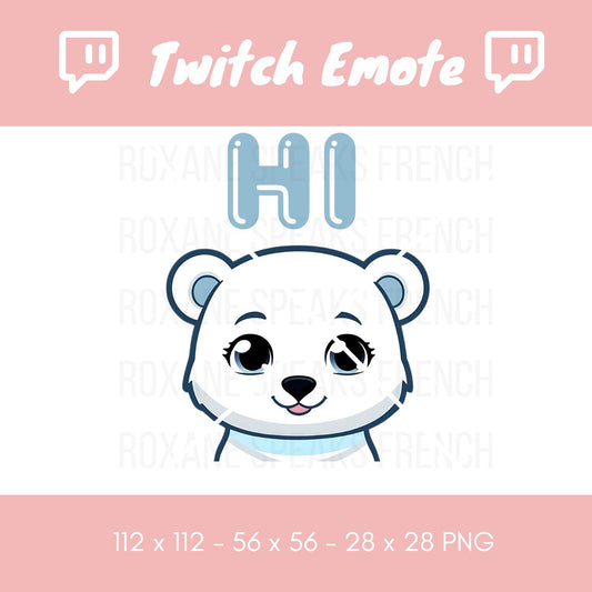 Hi Polar Bear Twitch Emote featuring a cute, friendly polar bear face with big eyes, smiling gently with a 'HI' text above its head. This emote is perfect for streamers to greet viewers and create a welcoming atmosphere on their channel.