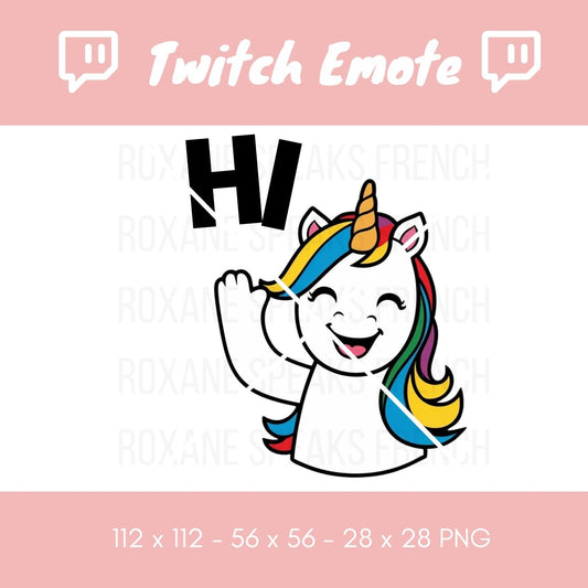 Cheerful unicorn waving with 'HI' text above its head, a colorful mane, and a glittering horn, designed for Twitch and Discord streamers