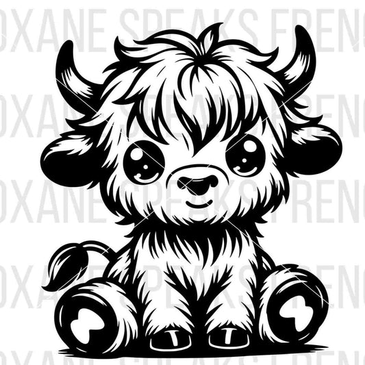 Black and white SVG of a cute Highland baby cow sitting, with a fluffy coat and large, expressive eyes, designed in a charming and endearing style.