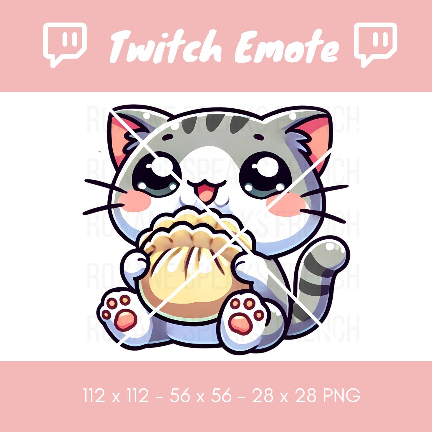 A delightful kawaii-style Twitch emote showcasing a gray cat joyously devouring a large, steaming dumpling, perfect for expressing culinary delight or hunger during streaming sessions.
