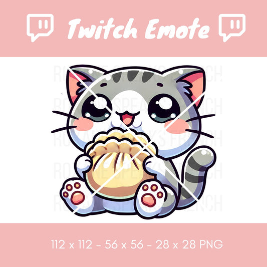 A delightful kawaii-style Twitch emote showcasing a gray cat joyously devouring a large, steaming dumpling, perfect for expressing culinary delight or hunger during streaming sessions.