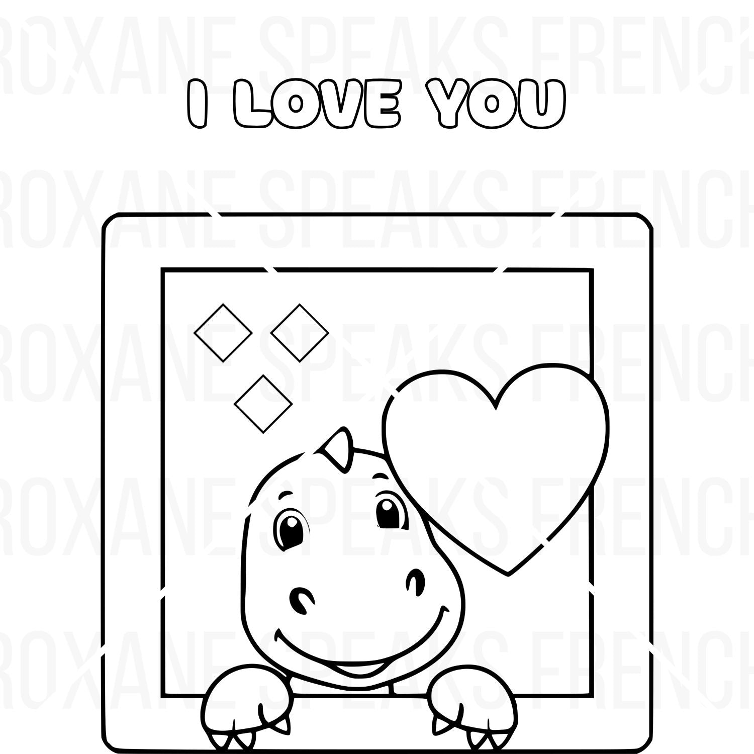 Printable 'I Love You' coloring page featuring a cute cartoon dinosaur holding a heart, peeking out of a frame with diamond accents.