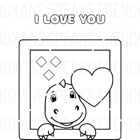 Printable 'I Love You' coloring page featuring a cute cartoon dinosaur holding a heart, peeking out of a frame with diamond accents.
