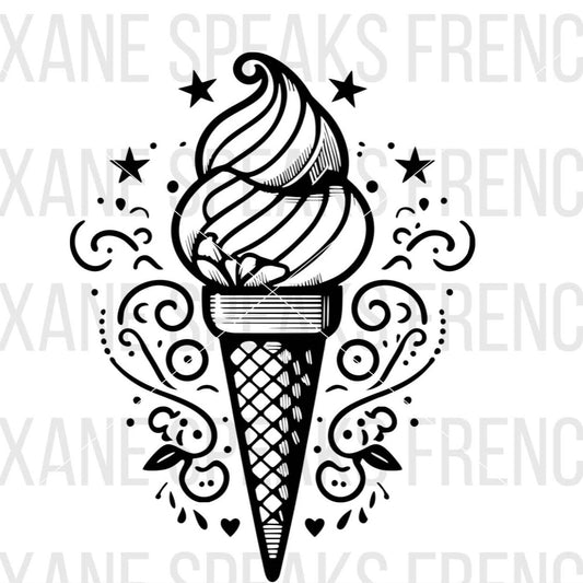 Black and white detailed ice cream cone SVG with decorative swirls and stars, perfect for crafting, DIY projects, and personalized designs.
