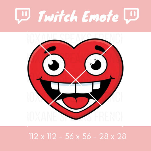 KEKW Emote heart design for Twitch and Discord, featuring a bold red heart with expressive eyes, a big smile, and optimized sizes for streaming platforms