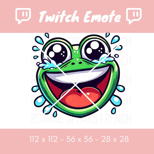 KEKW Twitch Emote featuring a vibrant green frog laughing with tears streaming down its face, showcasing bold outlines, vivid colors, and an expressive teary-eyed design. Ideal for Twitch and Discord reactions, with sizes optimized for emote use.