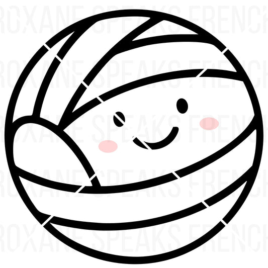 Kawaii-style volleyball character SVG and clipart featuring a smiling face with two rosy cheeks, created in a simple black and white line art design suitable for various digital and print projects.