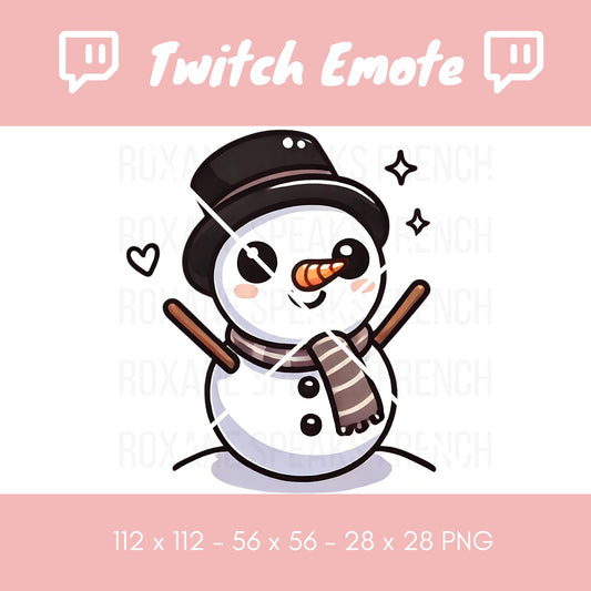 Cute and cheerful snowman Twitch emote, dressed in a top hat and scarf, exuding winter joy and festivity, perfect for holiday-themed streams.