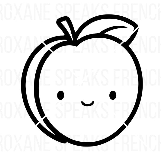 Kawaii Peach SVG and Clipart – Cute smiling peach vector design for Cricut, Silhouette, and print-on-demand projects. Perfect for stickers, t-shirts, vinyl decals, greeting cards, and digital crafts. Instant download for crafters and small business owners