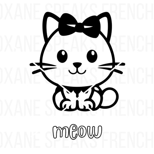 Kawaii cat coloring page featuring an adorable cat with a bow and the word "meow" below. Ideal for kids and cat lovers looking for a fun and creative coloring activity.
