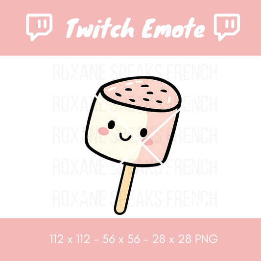 A kawaii Twitch emote featuring a smiling marshmallow on a stick, topped with chocolate sprinkles, perfect for sweetening up any streamer's chat on Twitch and Discord.