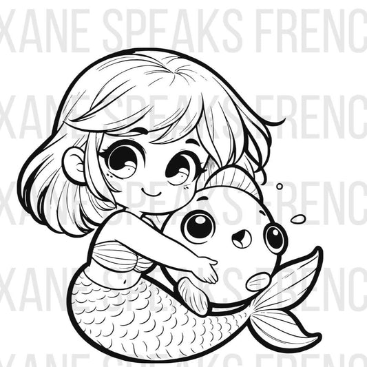 cute Black and white SVG illustration of a cute mermaid hugging a large, cheerful fish. The mermaid has a short bob hairstyle and large, expressive eyes. The design features detailed scales on the mermaid's tail and playful expressions on both the mermaid and the fish.
