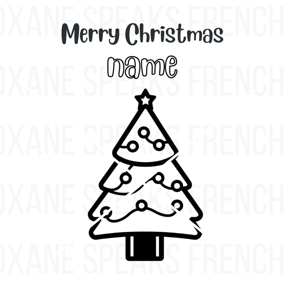 A personalized Christmas tree coloring page with a custom name at the top, featuring a simple and festive tree outline decorated with ornaments and a star.