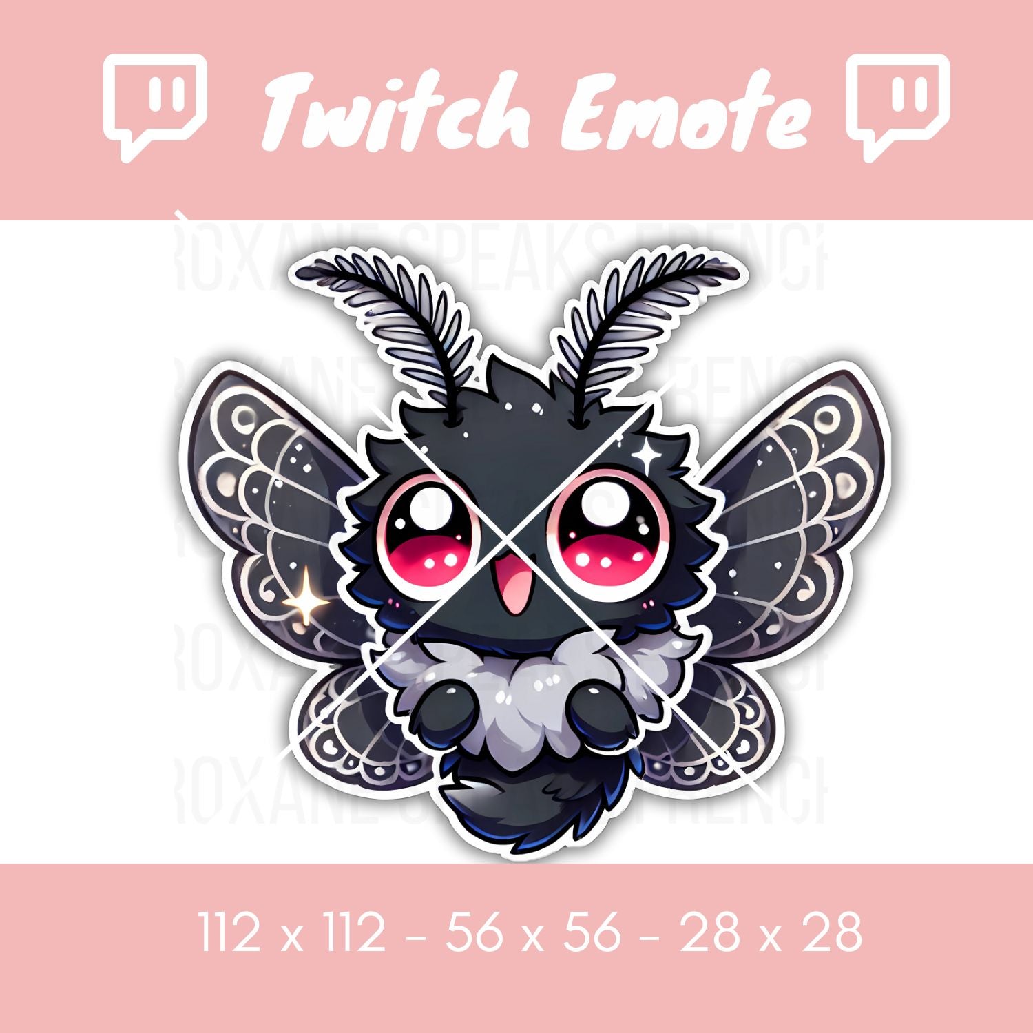 Adorable Mothman Twitch emote featuring a chibi-style Mothman with wide, sparkling red eyes, detailed wings, and a happy expression. Available as a high-quality PNG in 112x112, 56x56, and 28x28 sizes. Perfect for Twitch and Discord chats to add a cute and magical vibe.