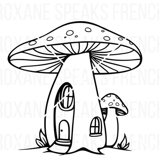 Mushroom house SVG file: black outline illustration of a fairy tale mushroom house with a door and windows.