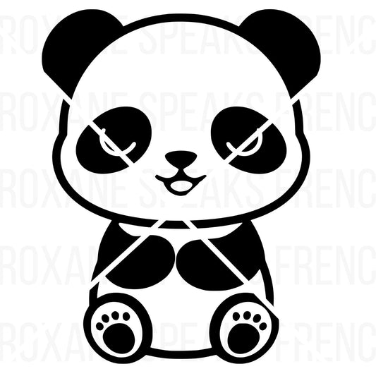 A minimalist black silhouette of an adorable panda sitting with a friendly expression. The design features clean lines and a simple, modern aesthetic, making it perfect for Cricut, Silhouette, and other cutting machines. 