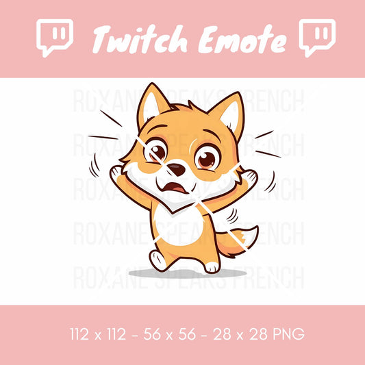 A cute, cartoon-style fox emote for Twitch, depicted with wide eyes and hands up in a surprised or alarmed gesture, designed in warm orange tones with white accents.