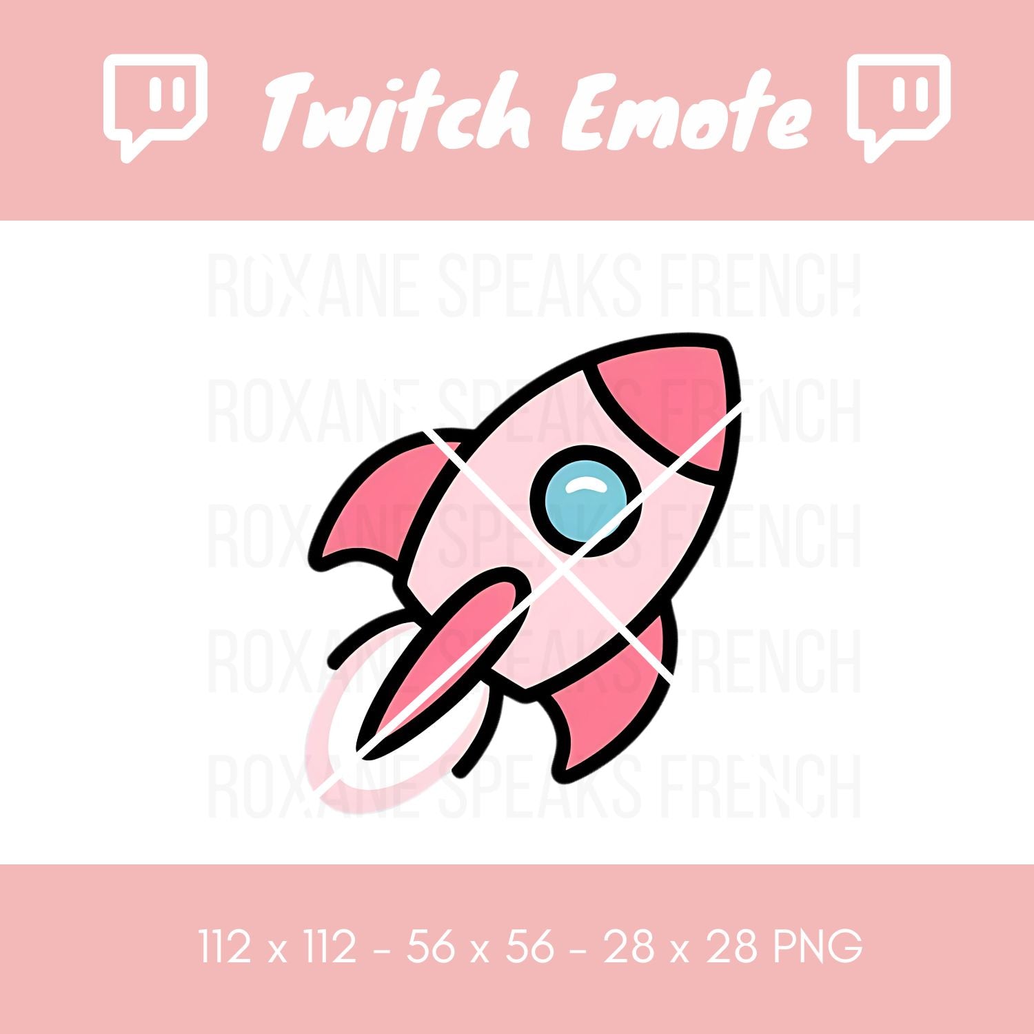 A pastel pink and white rocket emote designed for Twitch and Discord users.