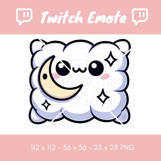 A Twitch emote featuring a fluffy white cloud character with a cute smiling moon nestled within, surrounded by twinkling stars, set against a soft pink background.