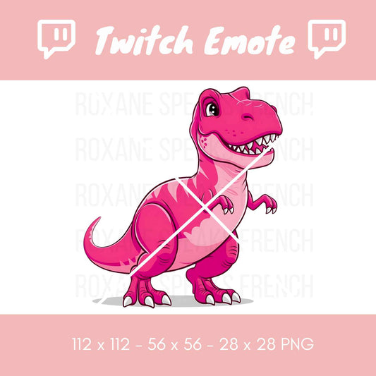 A playful pink dinosaur Twitch emote, featuring a vibrant T-Rex in a dynamic pose with a cheeky grin, perfect for streamer interactions and reactions on Twitch.