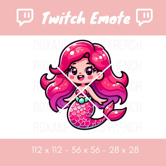 Pink mermaid Twitch emote featuring a kawaii-style mermaid with vibrant pink hair, a sparkling tail, and a cheerful expression. Optimized for Twitch and Discord in standard sizes: 112x112, 56x56, and 28x28. Perfect for adding charm and ocean-themed fun to chats.