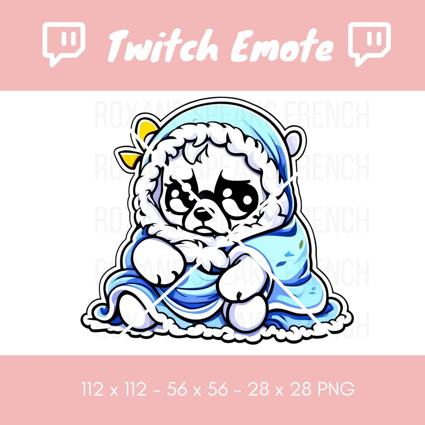 Chilly polar bear Twitch emote wrapped snugly in a blue blanket, wearing a cute hat, showcasing a grumpy expression. This emote is ideal for streamers to express playful frustration or cold moments during live gaming sessions