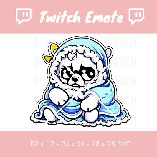 Chilly polar bear Twitch emote wrapped snugly in a blue blanket, wearing a cute hat, showcasing a grumpy expression. This emote is ideal for streamers to express playful frustration or cold moments during live gaming sessions