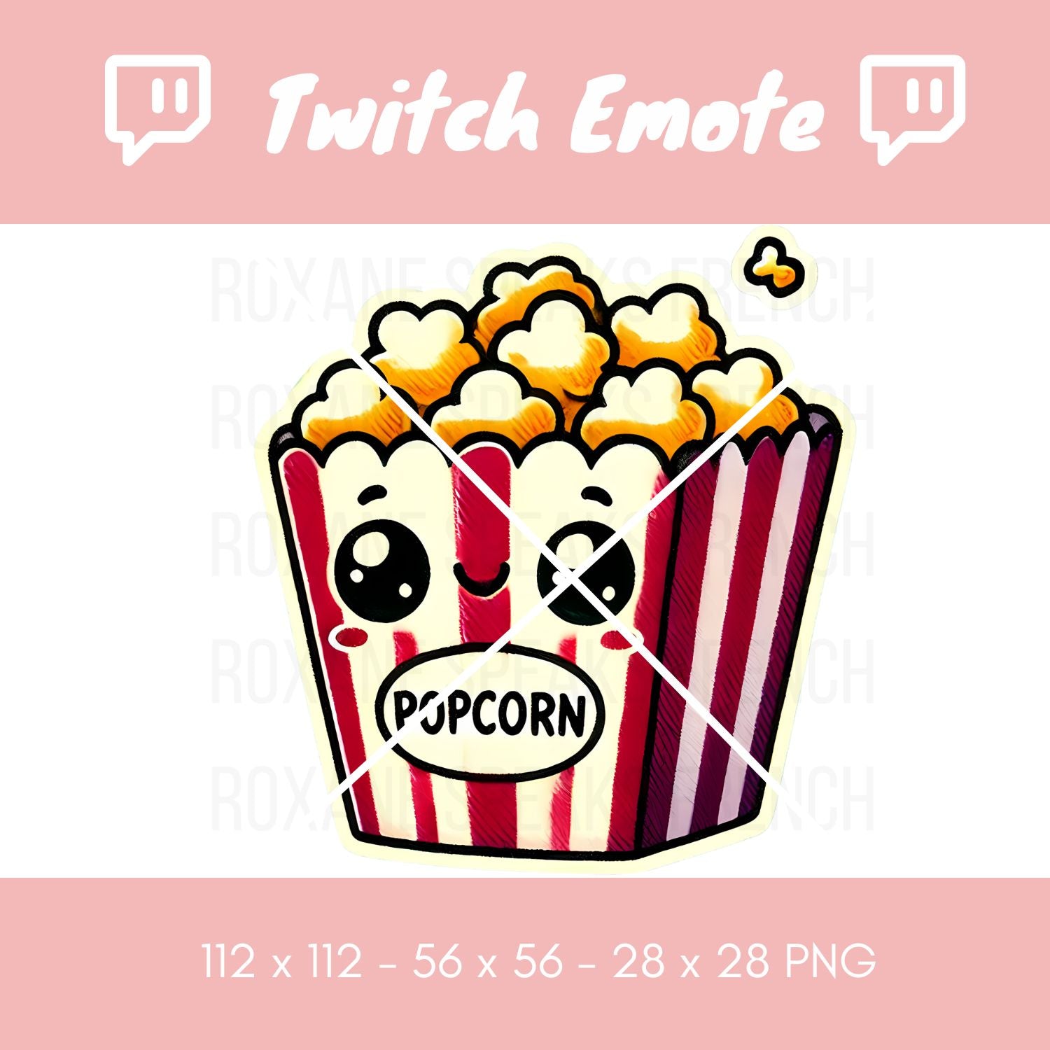 A Twitch emote depicting an adorable cartoon popcorn bucket filled with yellow popcorn, its red and white stripes forming a cheerful face. A single piece of popcorn is popping above the bucket, enhancing the playful design.