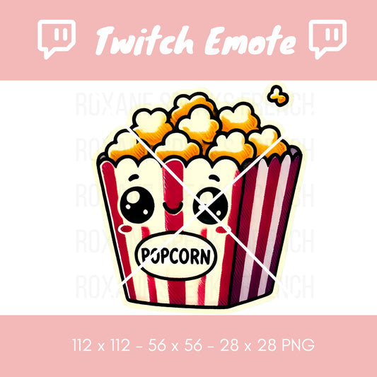 A Twitch emote depicting an adorable cartoon popcorn bucket filled with yellow popcorn, its red and white stripes forming a cheerful face. A single piece of popcorn is popping above the bucket, enhancing the playful design.