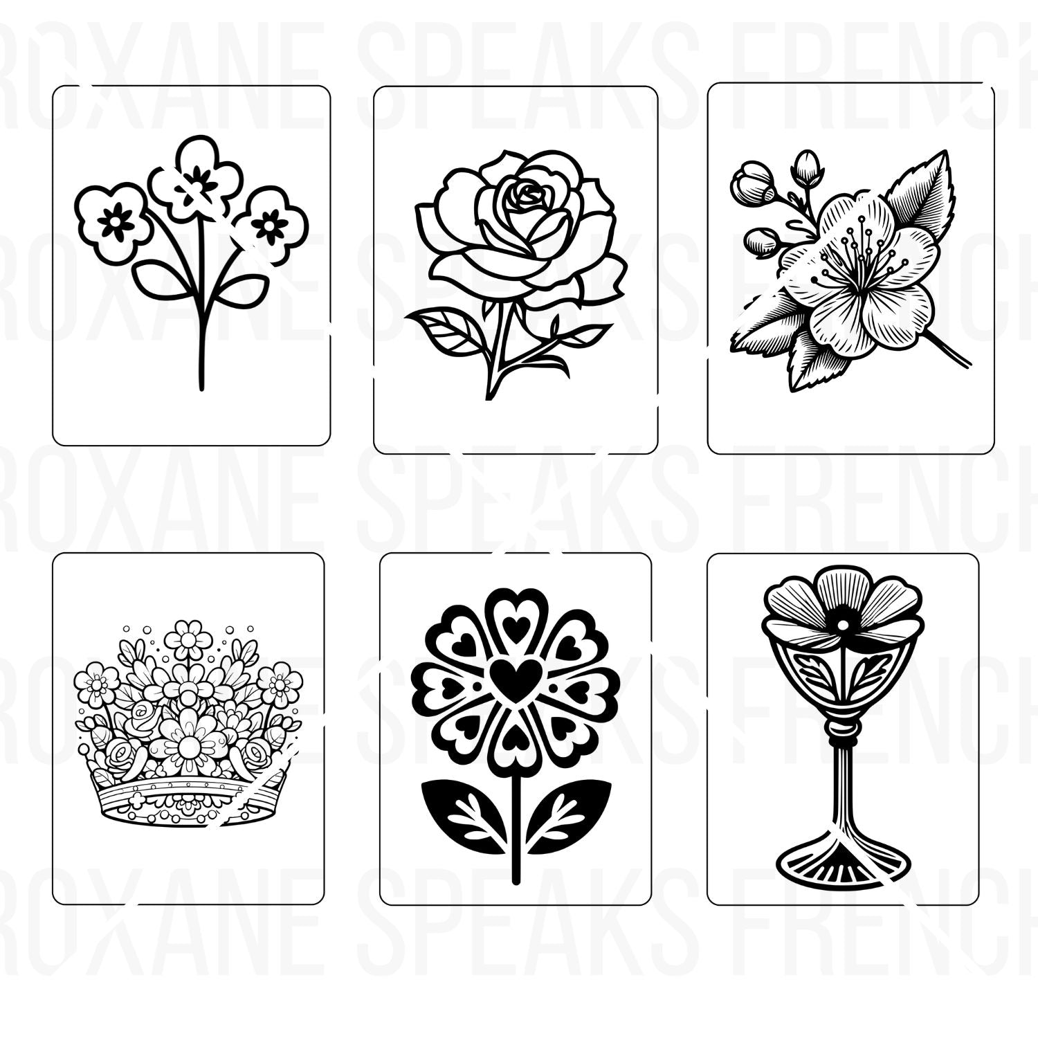 six black and white with bold outlines printable flower coloring pages on white backgroud.