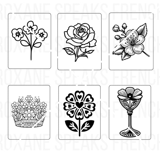 six black and white with bold outlines printable flower coloring pages on white backgroud.