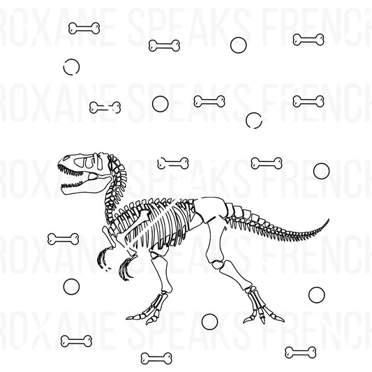 Realistic skeleton dinosaur coloring page featuring a detailed T-Rex fossil outline with bones and background elements to color