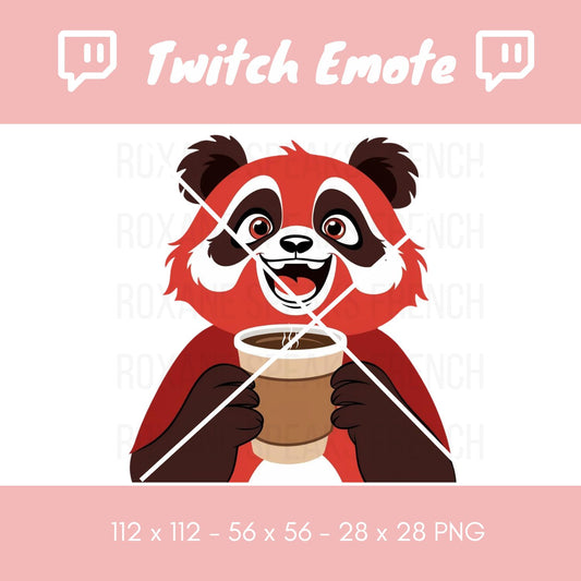 Twitch emote featuring a charming red panda holding a large cup of coffee, with its joyful expression and bright eyes suggesting pure delight