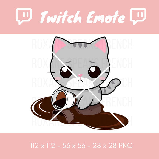 A Twitch emote depicting a gray cat looking apologetically as it accidentally spills coffee, sitting in a brown coffee spill, with a cup tipped over, on a soft pink background.