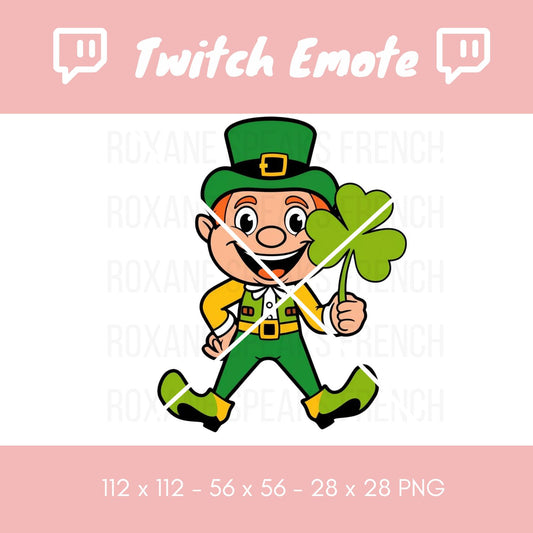 Twitch emote featuring a cheerful leprechaun in traditional green attire, holding a large four-leaf clover, ready to bring good luck to your channel