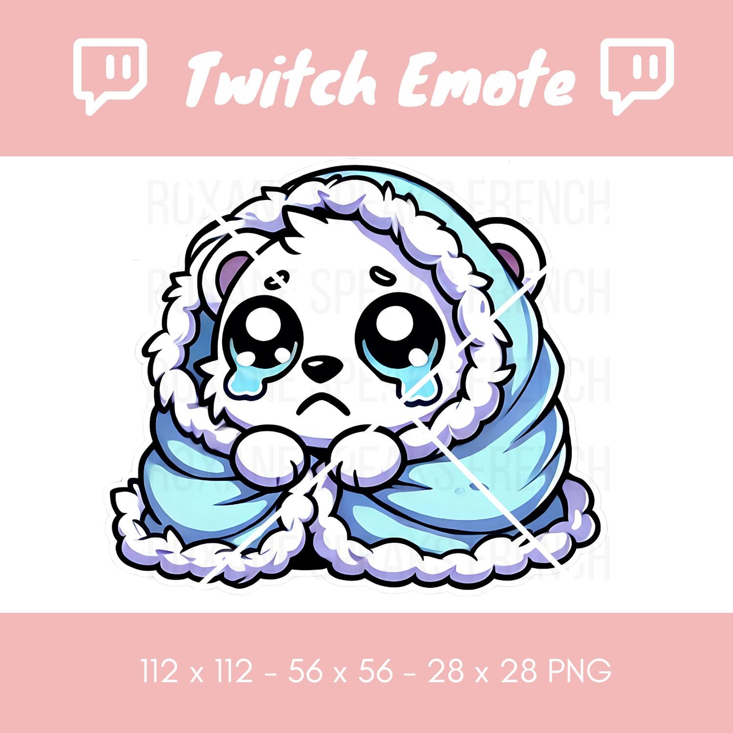 Cuddly polar bear Twitch emote wrapped in a cozy blue blanket, displaying a sad expression with teary eyes, ideal for emotional moments during live streams