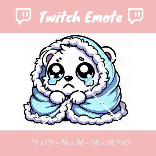 Cuddly polar bear Twitch emote wrapped in a cozy blue blanket, displaying a sad expression with teary eyes, ideal for emotional moments during live streams