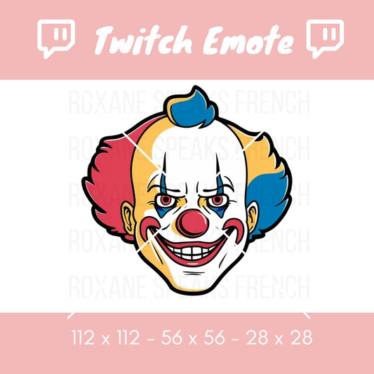 
Scary clown Twitch emote featuring a menacing clown face with bold red, yellow, and blue colors, and an eerie expression. Optimized for Twitch and Discord in standard sizes: 112x112, 56x56, and 28x28. Perfect for adding a spooky and thrilling vibe to chats.