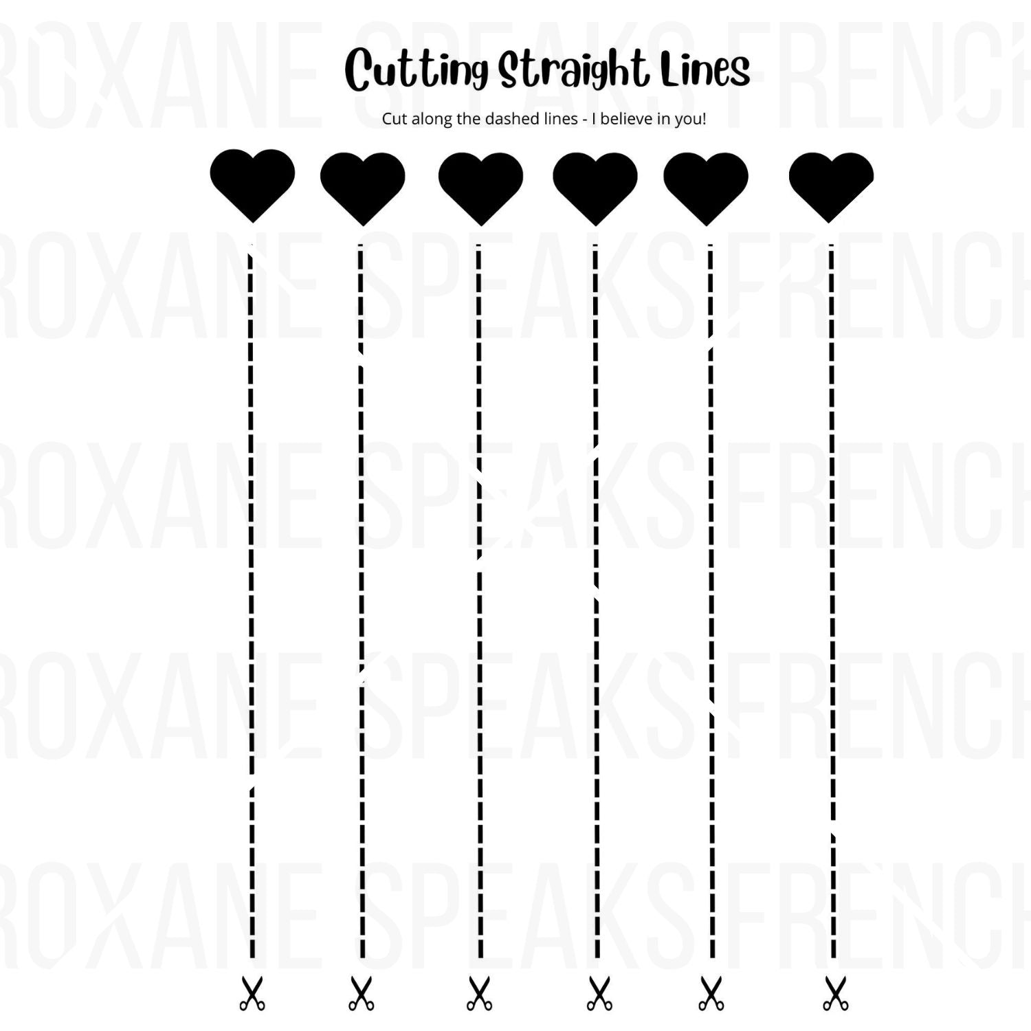 Printable worksheet titled 'Cutting Straight Lines', designed for scissor skills development. The worksheet features five vertical dashed lines, each leading from a solid black heart at the top to a pair of scissors icon at the bottom. 
