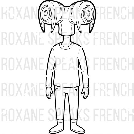 Black and white line drawing of a character with large head and small body on a white background with 'Roxane Speaks French' text.