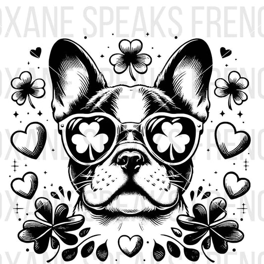 Black and white SVG illustration of a Frencg bulldog dog wearing sunglasses with clover shapes in the lenses, surrounded by hearts, clovers, and sparkles.