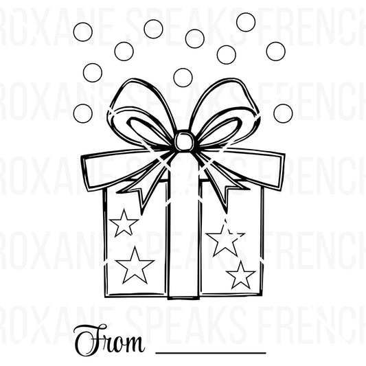 Printable present coloring page featuring a cute gift box with a large bow, stars, falling dots, and a 'From' line for personalization.