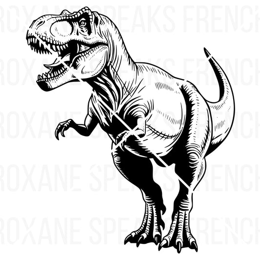 Black and white detailed illustration of a  scary Tyrannosaurus Rex dinosaur in a dynamic pose. The T-Rex is shown in profile with its mouth open displaying sharp teeth, featuring realistic anatomical details including textured skin, muscular body, powerful legs with claws, and a long tail.