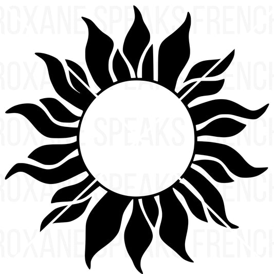 Black and white tangled sun clipart on white background